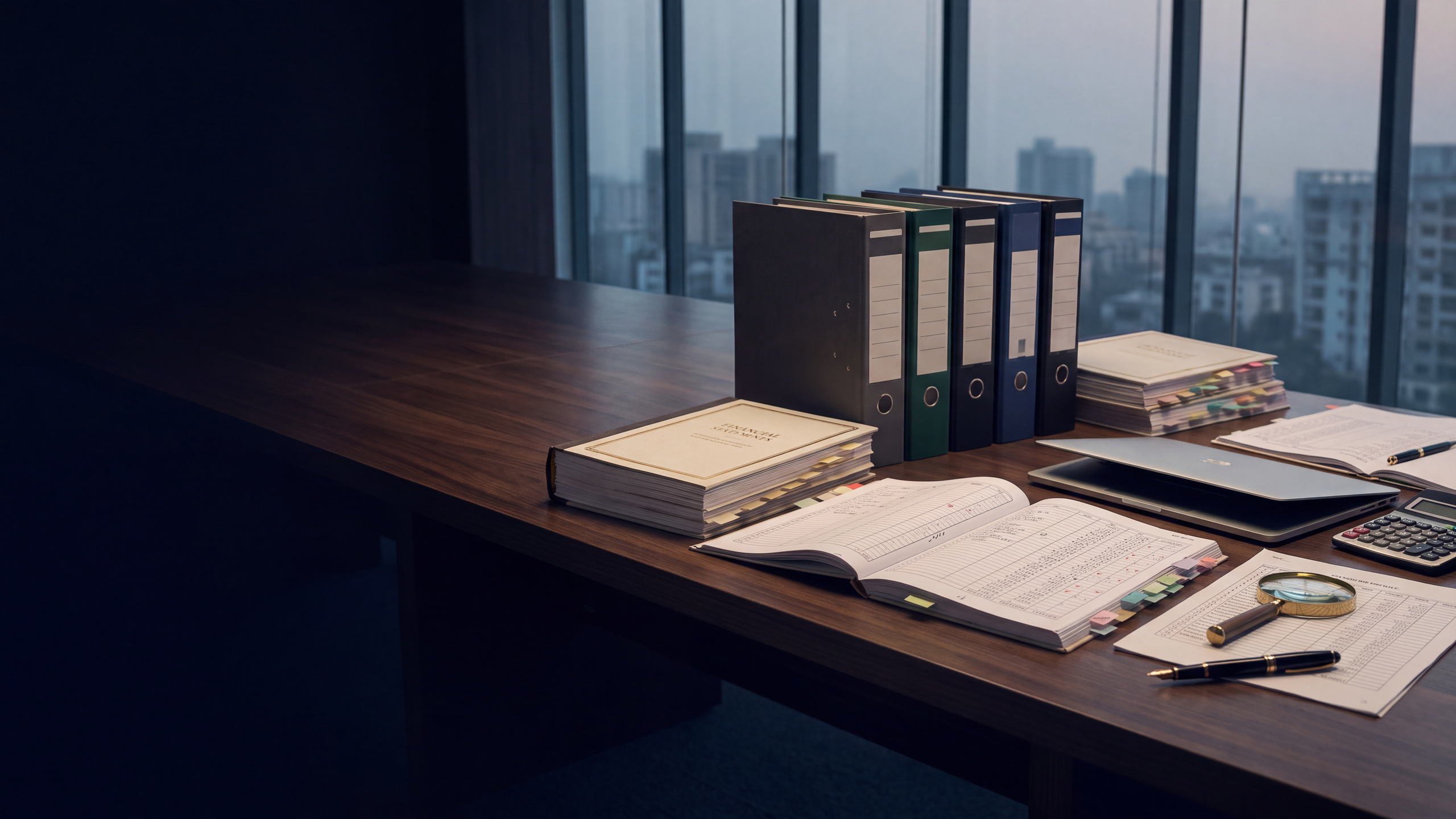 Audit files, bound financial statements and tick-marked working papers laid out across a boardroom table.