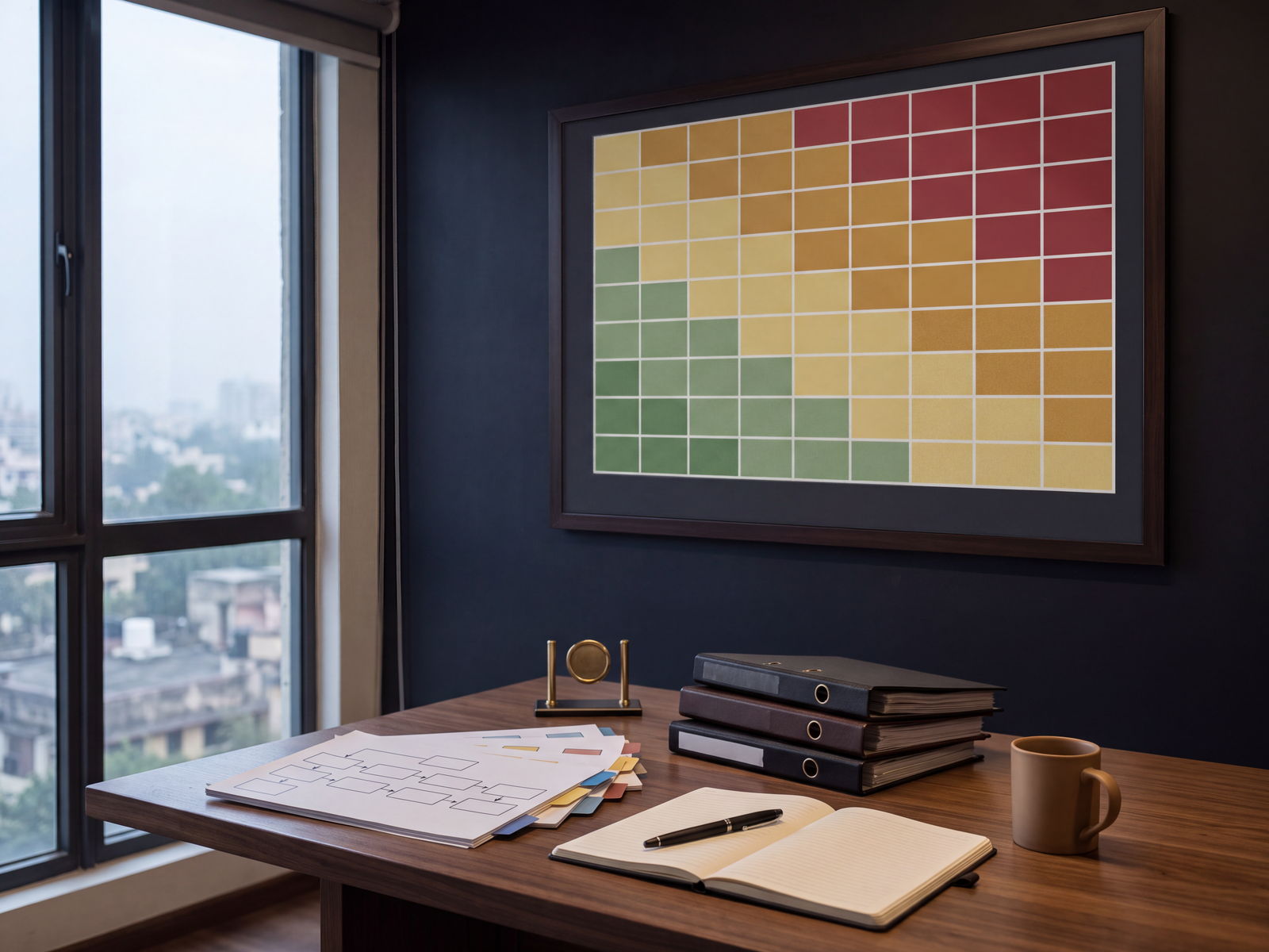 An internal audit working room, with a colour-coded risk assessment matrix on the wall above process flowcharts, binders and working papers.