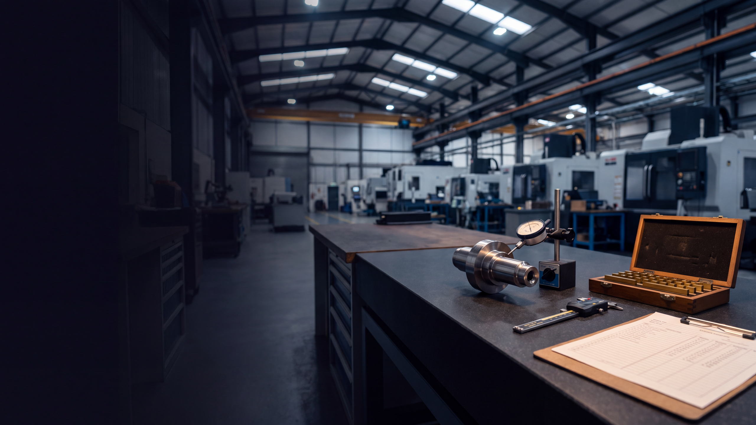 A quality inspection bench holding a dial gauge, callipers and gauge blocks, on a precision manufacturing floor.