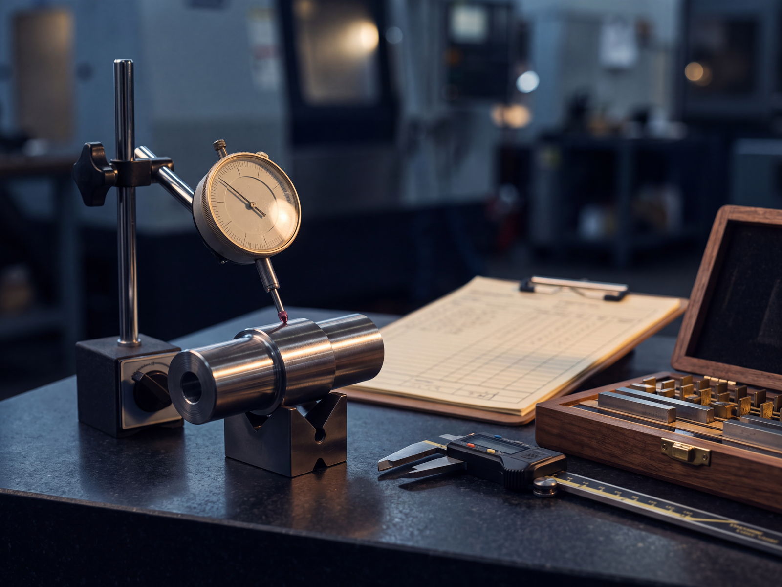 Close-up of a precision component being measured with a dial gauge during a quality inspection.