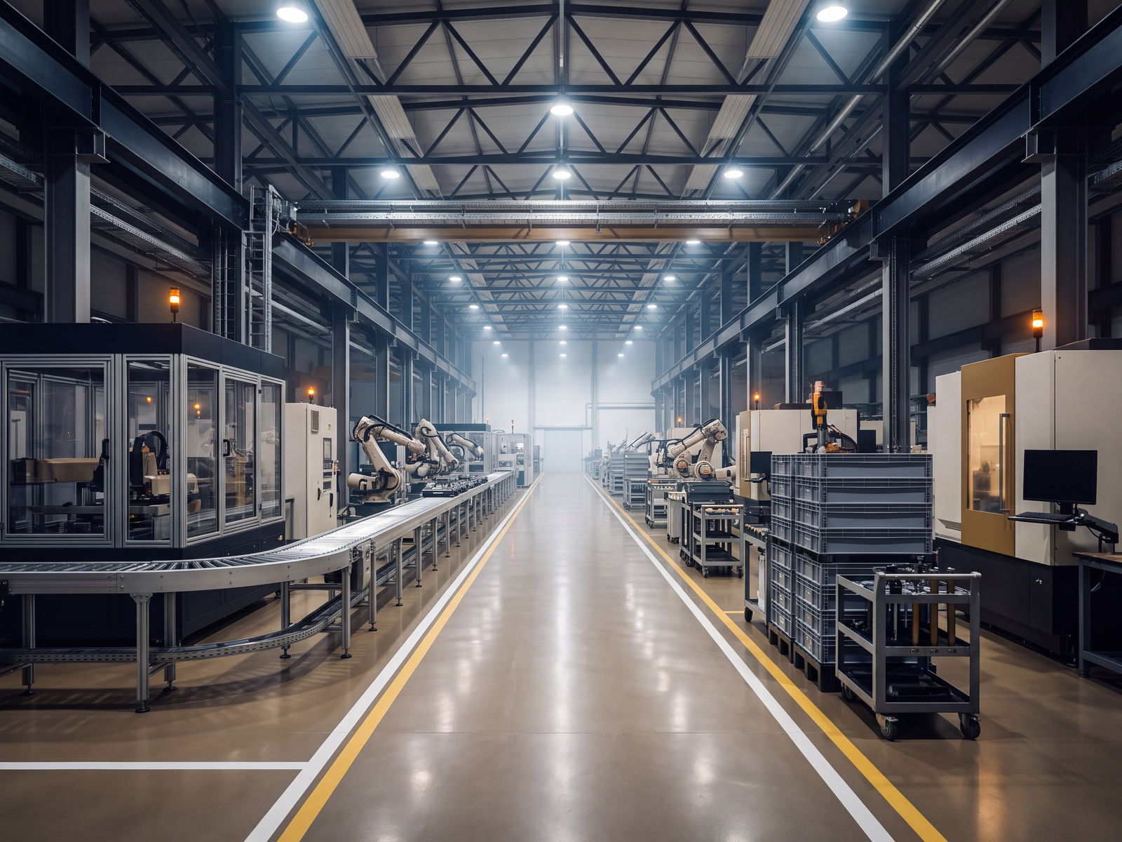 Modern manufacturing floor with production lines and overhead gantries in a well-lit plant.