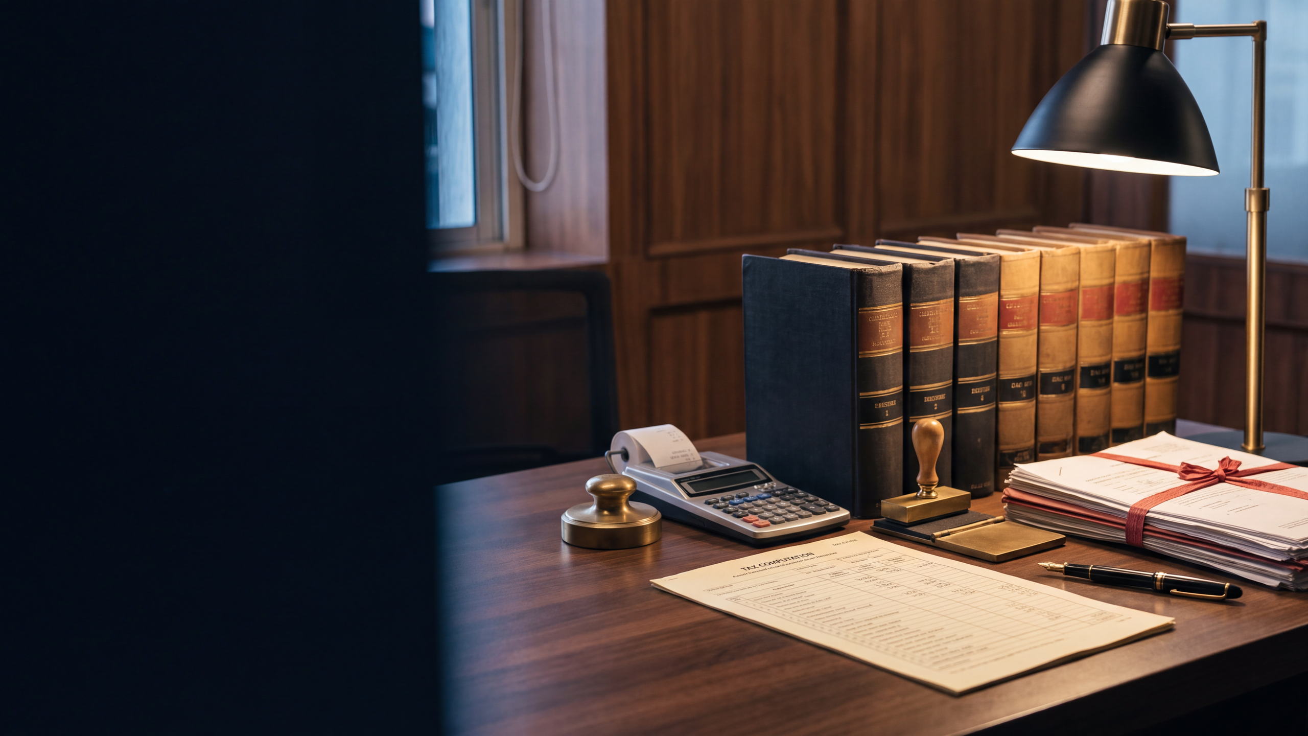 A tax practitioner's desk with bound statute volumes, a printed computation, a calculator, a brass stamp and a bundle of documents tied in red tape.