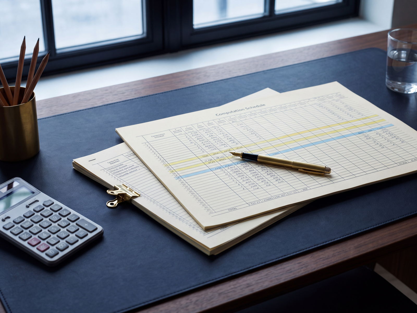 A tax computation being worked through at a desk, with returns, a calculator and marked-up schedules laid out.